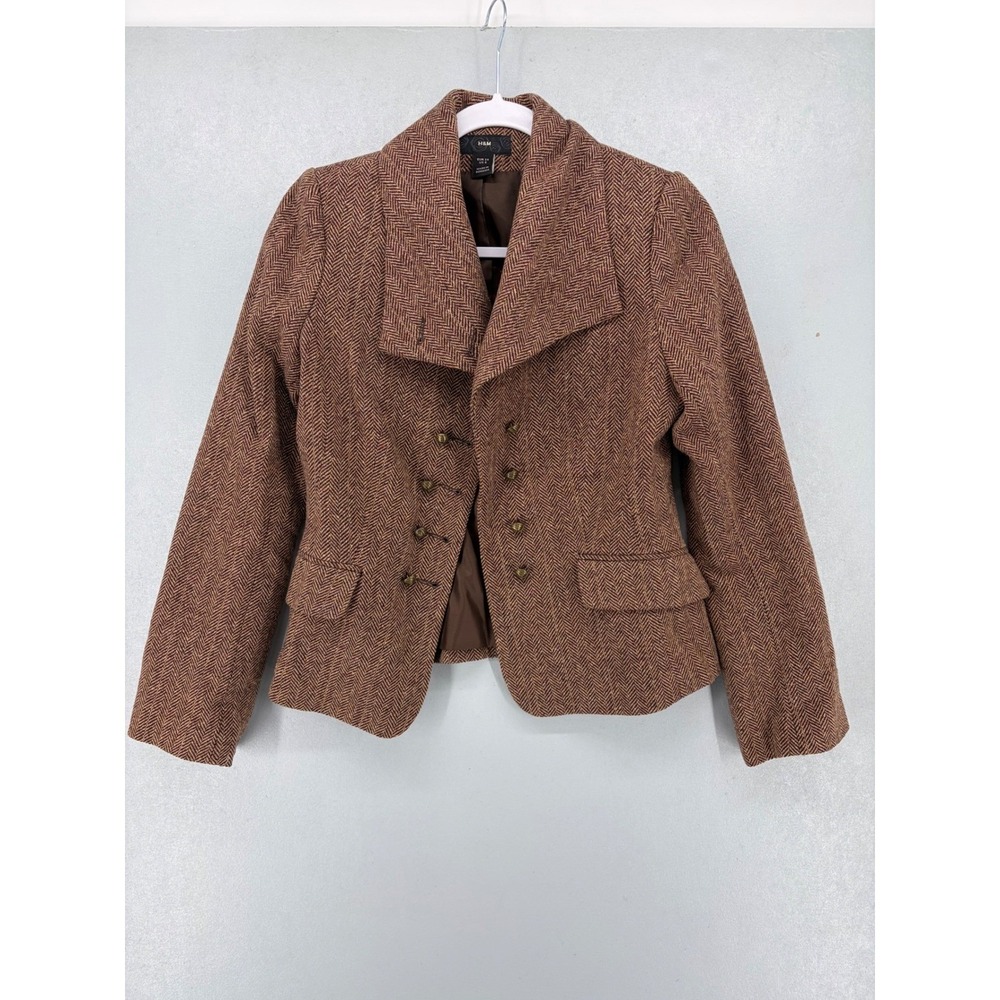 H&M Womens Blazer Brown Herringbone Tweed Double Breasted Academic 6